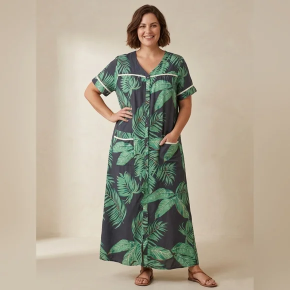 Ekouaer Tropical Palm Leaf Snap-Front House Dress/mumu - Size M - Picture 1 of 7